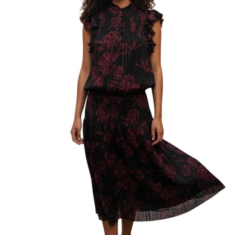 WHITE HOUSE BLACK MARKET Dress Black Red Floral Ruffle Sleeve Smocked EUC‎ XS